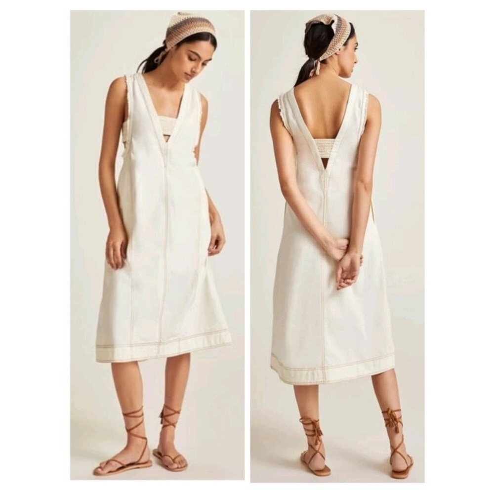 Anthropologie Pilcro Cream Denim Sleeveless V Neck Midi Dress Size Medium Boho